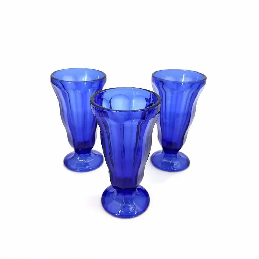 Vintage Set of 3 Cobalt Blue Retro Milkshake Parfait Fountain Glasses